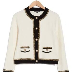 Adrianna Papell Metallic Trim Cardigan Sweater In Ivory/black